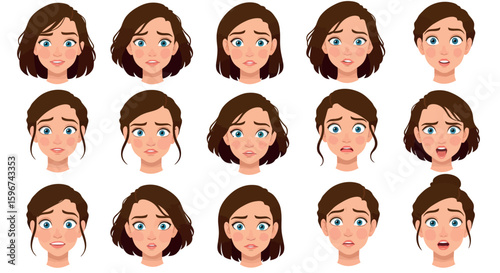Diverse facial expressions of a woman with short hair