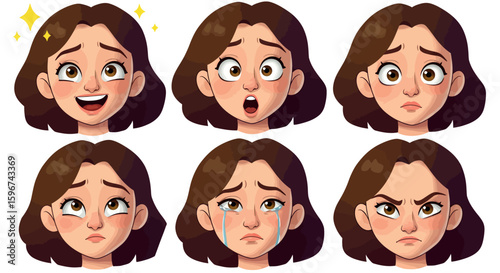 Female character expressing happiness, surprise, and sadness with six cartoon faces