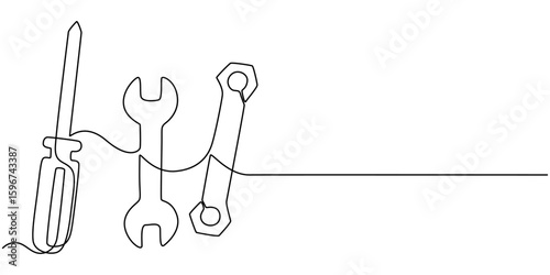 One mechanical wrench for nuts drawn in one continuous line drawing, Labor day wrench tools continuous one line drawing, One continuous line drawing of the master's hand holds a wrench