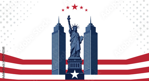 New york city icon with statue of liberty and skyscrapers in patriotic style