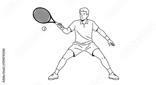 Line art tennis player in action with racket and ball