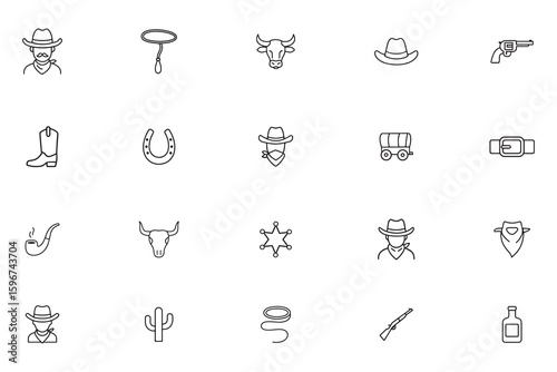 Wild West line icon set. Cowboy, western, and frontier outline symbols. Vector collection including sheriff star, gun, cactus, and hat