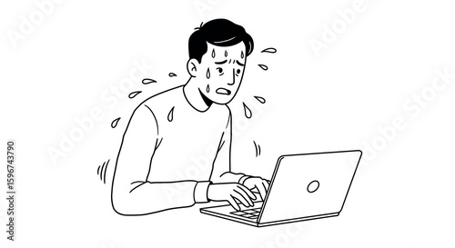 Anxious man sweating while typing on laptop in black and white