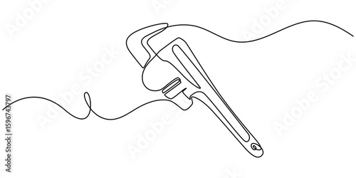 One mechanical wrench for nuts drawn in one continuous line drawing, Labor day wrench tools continuous one line drawing, One continuous line drawing of the master's hand holds a wrench