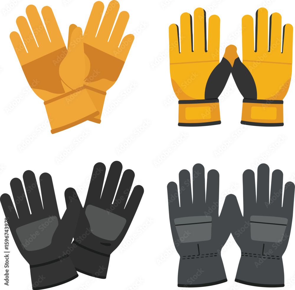 Fototapeta premium Collection of Four Stylish Gloves Yellow Black and Gray Work Gloves.
