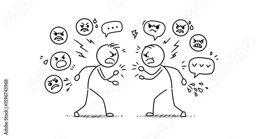 Two stick figures arguing with angry speech bubbles in hand-drawn style