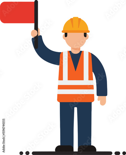 Construction Worker with Red Flag Safety Vest and Hard Hat 1.