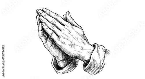 Sketch of hands in prayer gesture with detailed line art on white background