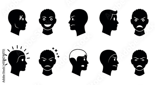 Silhouette faces expressing various emotions in black and white