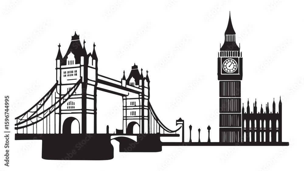 Obraz premium Black and White London Skyline Silhouette of Big Ben Clock Tower and Tower Bridge over Thames River on White Background