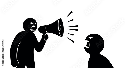 Silhouette figures arguing with megaphone communication conflict