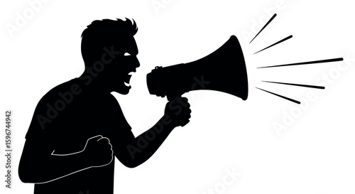 Dynamic silhouette of person shouting into megaphone highlighting communication power