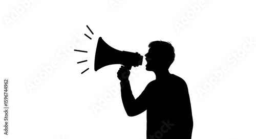 Silhouette of person shouting through megaphone on white background