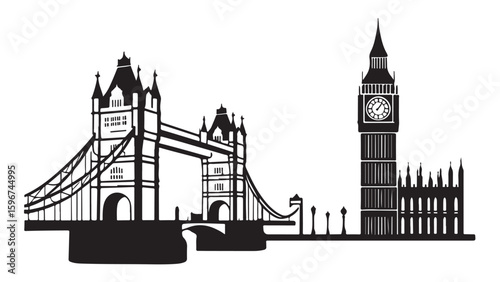 Black and White London Skyline Silhouette of Big Ben Clock Tower and Tower Bridge over Thames River on White Background