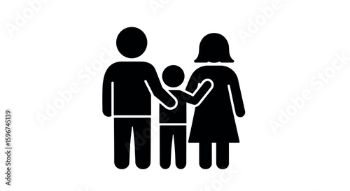 Simple silhouette of family with parents and child on white background