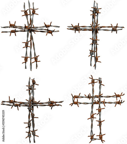Barbed wire crosses in various arrangements on transparent background  
