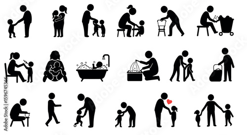 Heartwarming family moments: parent-child bonding stick figures in everyday activities