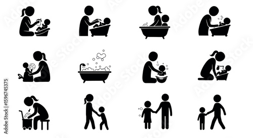 Parent and child care silhouettes: bathing, feeding, walking, and bonding moments
