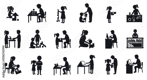 Children engaging in educational activities silhouette collection