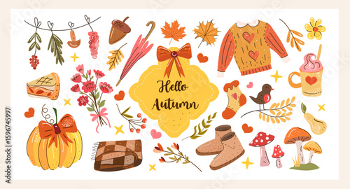 Hello Autumn hand drawn vector set with cozy fall clothes tea pumpkin pie leaves mushrooms and walking mood Perfect for seasonal prints stickers cards and autumn lifestyle design