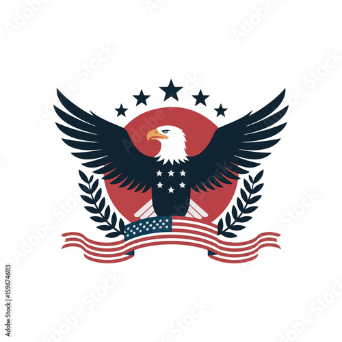 American Bald Eagle with Stars and Stripes Ribbon and Laurel Wreath american flag