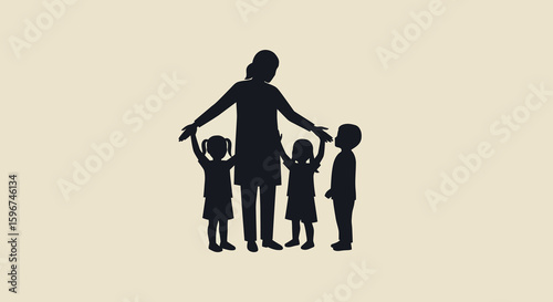 Family silhouette with parent and children in playful pose
