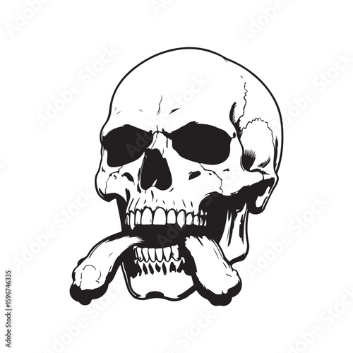 Black and white illustration of a detailed human skull with bones in its mouth.