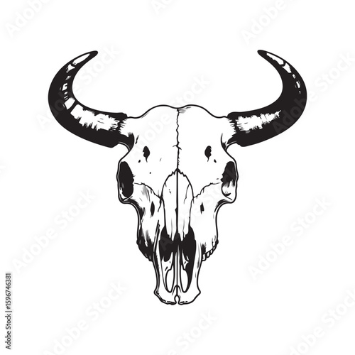 Detailed black and white illustration of a bull skull featuring curved horns on white