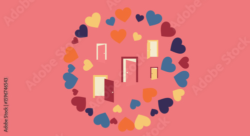 Abstract doors and hearts pattern on pink background for romantic design
