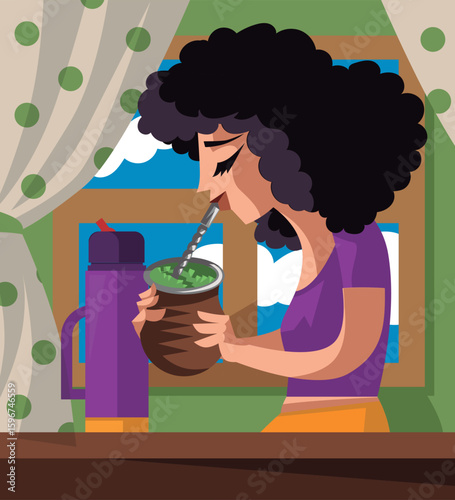 cheerful woman drinking yerba mate hot infusion