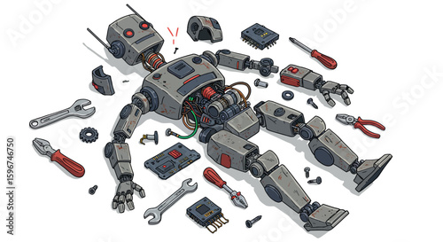 Retro robot disassembly concept with vintage tools and mechanical parts