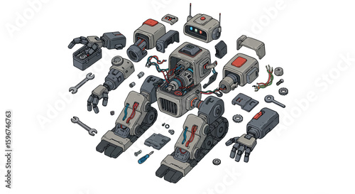 Isometric robot assembly kit with detachable parts and tools