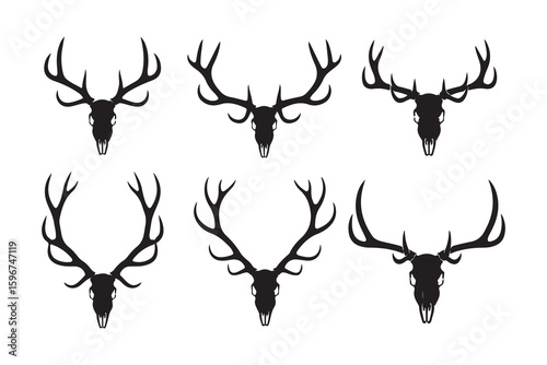 Vector set of six silhouette deer skull heads with different antler styles