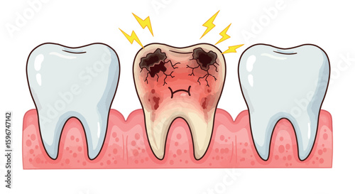 Cartoon diseased tooth with decay and pain surrounded by healthy teeth on pink gums