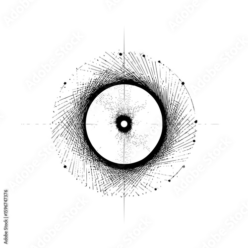 Abstract black and white circular design with radiating lines and a central ring and dot pattern art