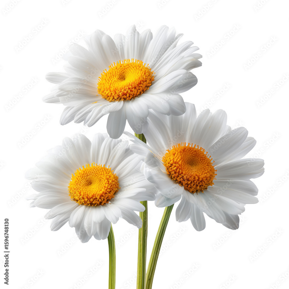 Fototapeta premium Three beautiful white daisies blooming with bright yellow centers against white background