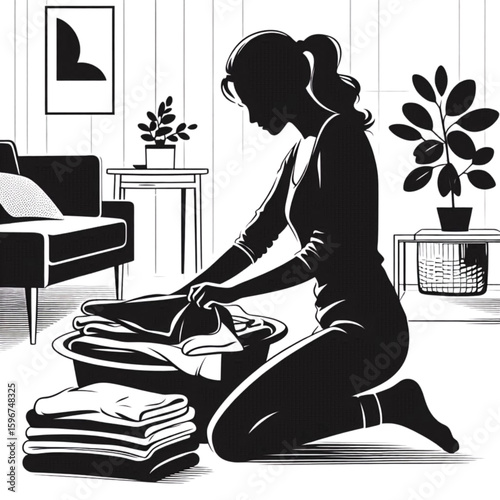 Silhouette of a woman folding laundry on her knees in a cozy living room with plants and a modern decor