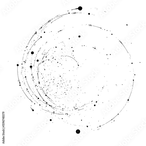 Abstract representation of a swirling vortex with scattered dots and circular brushstrokes in black and white