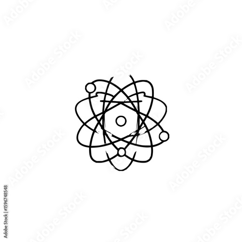 Illustration of an atom with nucleus and orbiting electrons in a stylized black and white design style