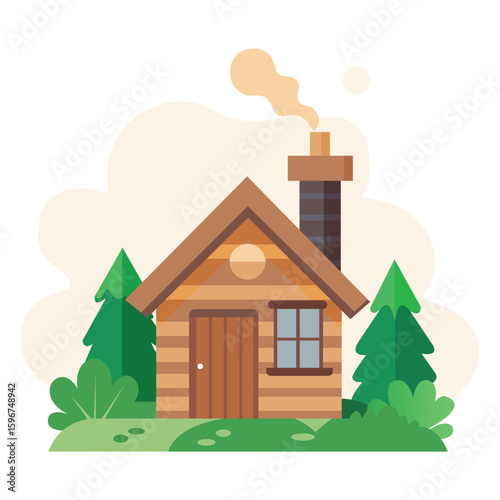 Cozy Log Cabin in the Woods with Smoke Coming from Chimney