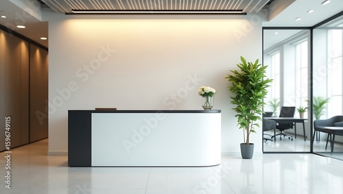 Modern office reception area design with sleek desk and plant for welcoming atmosphere and professional look on transparent background