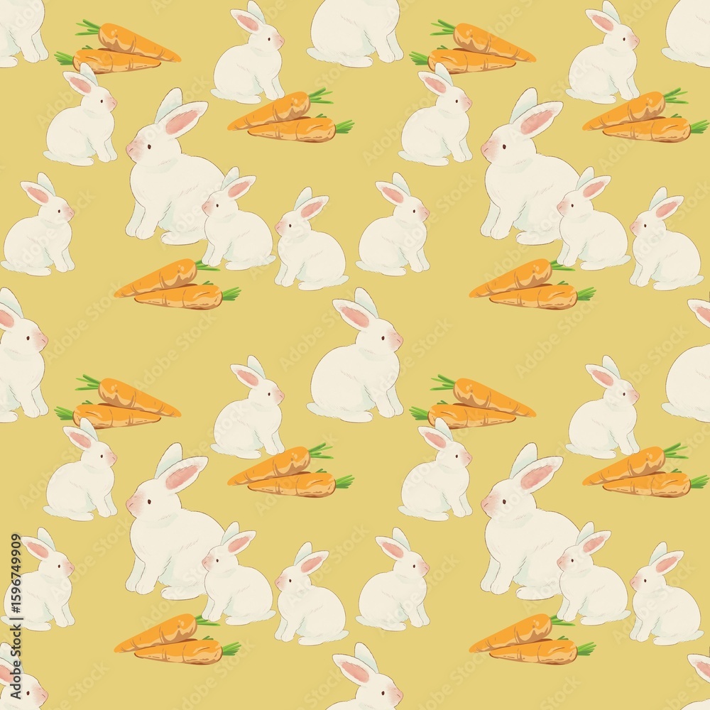 Obraz premium A sweet seamless pattern featuring adorable white rabbits and fresh orange carrots.