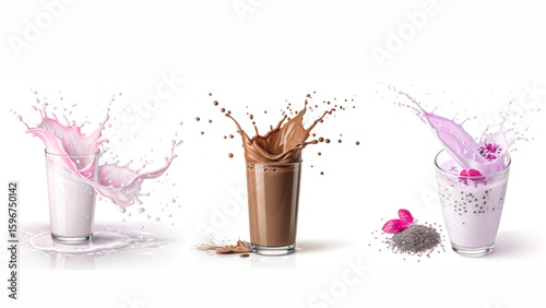 Splash of milk in a glass isolated on white or transparent background. Fresh milk splash PNG. Liquid dairy explosion cut out