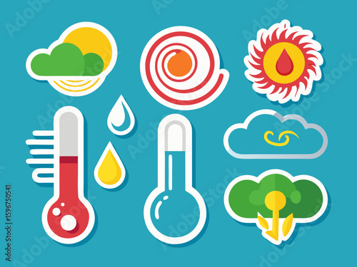 Weather Icons Set with Sun Clouds Thermometers and Water Drops on a Blue Background