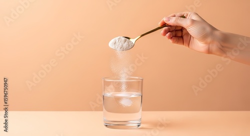 Hand holding a spoon with white powder dissolving into a glass of water against a peach background