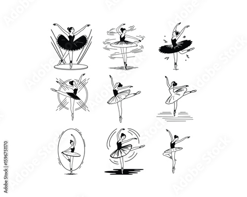 A collection of nine black and white line art illustrations of ballerinas in various graceful poses.