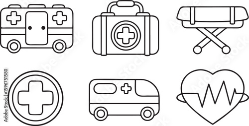 Isolated emergency services vector icon set, ambulance van, first aid kit, emergency hotline, heart rate monitor, medical stretcher, red cross, health service outline design