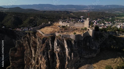 Boyabat Castle in Boyabat District. Sinop, Turkey. Aerial view of Boyabat Castle. Drone shot.
