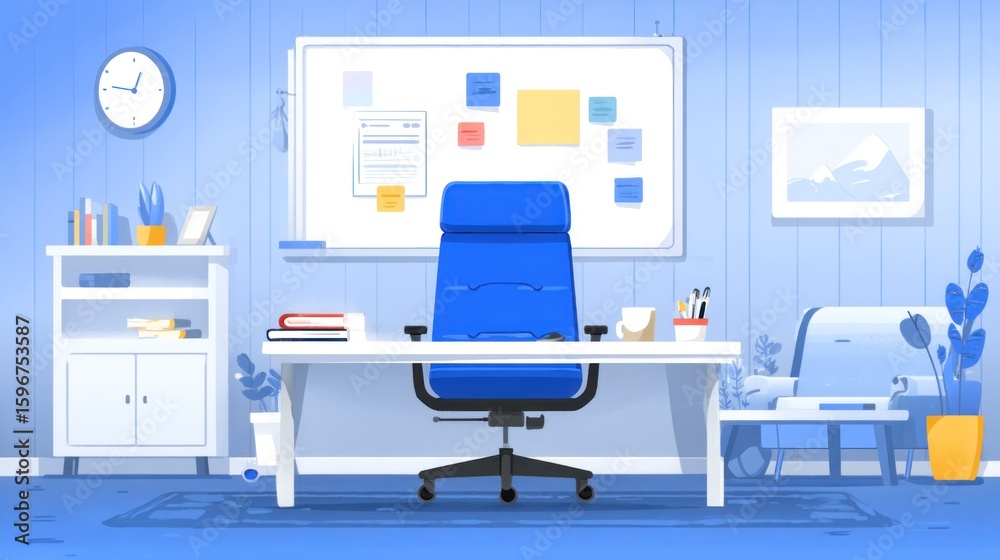 A minimalist office interior scene with a blue chair and white desk. A minimalist office interior scene with a blue chair and white desk.