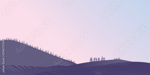 A mountainous landscape at sunset or sunrise, with a pinkish-blue sky. In the foreground are the outlines of trees on the slopes